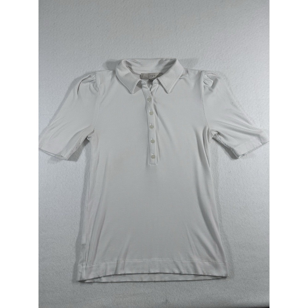 LOFT Petites White Ribbed Polo Shirt Puff Sleeve Henley Top Size SP Rayon Blend